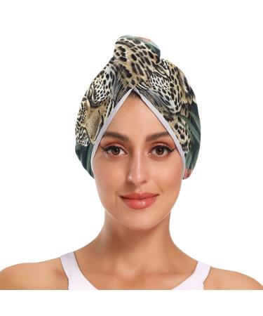 Flower Leaf Cheetah Hair Towel 2 Pack Super Absorbent Hair Drying Towel Quick Dry Hair Turbans Head Towel with Button Twisty Wrap for Women Girls