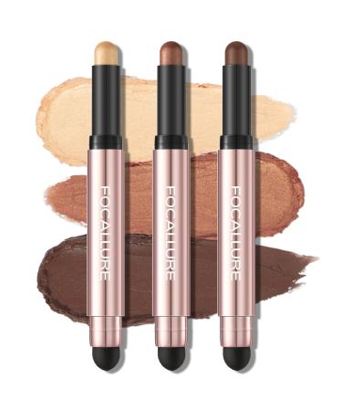 FOCALLURE 3 Pcs No Crease Eyeshadow Sticks Shimmer & Matte Eye Shadow Crayon Set with Blending Sponge Brush Smooth Texture Cream Eye Highlighter Pen Long Lasting Waterproof Eyeshadow Brightener Stick Makeup the West Coas...