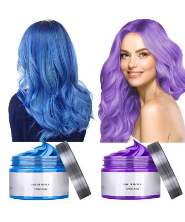 Temporary Hair Wax Color 2PCS Strong Hold Pomade for Men Women Hair Color Dye Wax Washable Hair Styling Clay for Girls Age 4 5 6 7 8 9 10+ Birthday Christmas Party Cosplay Carnival(Blue+Purple)