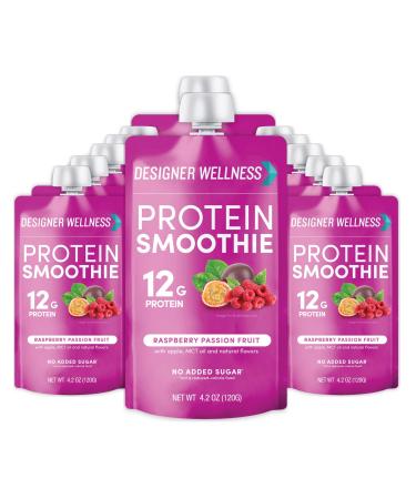 Designer Wellness Protein Smoothie Real Fruit 12g Protein Low Carb Zero Added Sugar Gluten-Free Non-GMO No Artificial Colors or Flavors Raspberry Passion Fruit 12 Count