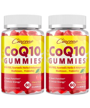 CoQ10 Gummies with PQQ - 400 MG Coenzyme Q10 High Potency Enhanced with Ayurvedic Herbs Adaptogenic Mushroom Blend & Probiotics for Heart Brain Energy Immunity Cherry Flavor 120 Vegan Gummies 60 Count (Pack of 2)