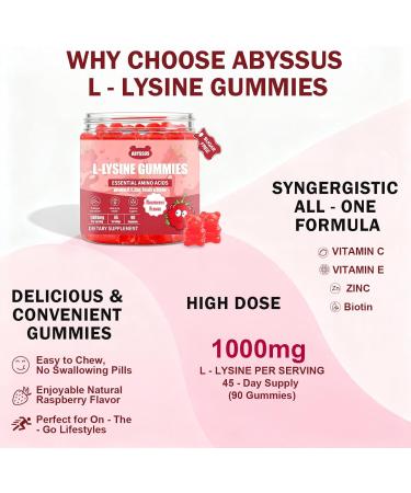 ABYSSUS Lysine Supplement Sugar Free L-Lysine 1000MG Gummies, Lysine for Women with Biotin & Folate, Skin & Immune Support, 90 Chewables - Buy Online on GoSupps.com