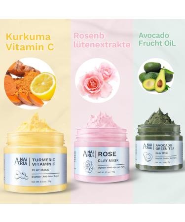 Anirui Turmeric Vitamin C Tonerde Mask - Rose & Avocado Green Tea Spa Face Mask Set for Deep Cleaning Oil Control Acne & Pore Reduction - 210g Pink - Buy Online on GoSupps.com