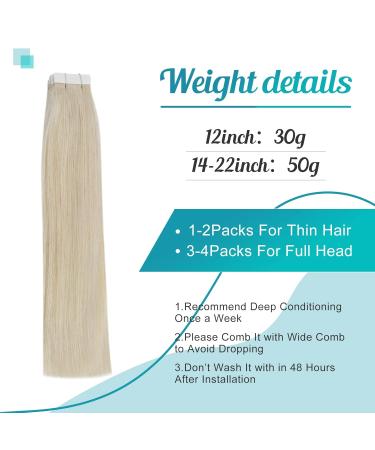 FSHINE Tape Hair Extensions - Brazilian Real Hair 35cm Platinum Blonde #60 - 20 Pieces 50g Adhesive Hair Extensions - Buy Online on GoSupps.com