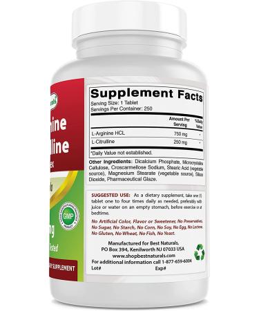 Best Naturals L-Arginine L-Citrulline Complex Tablets - 250 Count Pack - Premium Nitric Oxide Booster Supplement - Buy Online on GoSupps.com
