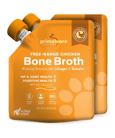 Primalvore Free-Range Bone Broth for Dogs &Cats, Mobility Formula w/ Collagen Peptides to Help Support Hip & Joints, Digestion, Skin & Coat and Hydration, Human Grade, Made in USA. Chicken 2 Pack