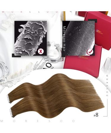 Moresoo 16 Inch Chestnut Brown Tape in Human Hair Extensions, 20 Pieces/50g - #8 Brown Real Hair Extensions - Buy Online on GoSupps.com