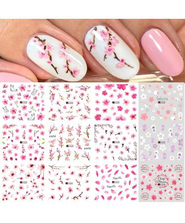 12 Sheets Peach Blossom Nail Art Stickers Water Transfer Nail Decals for Women Nail Art Supplies Color Floral Designs Foil Nail Stickers for Acrylic Nails Nail Tattoos Manicure Tips Decorations  Sakura