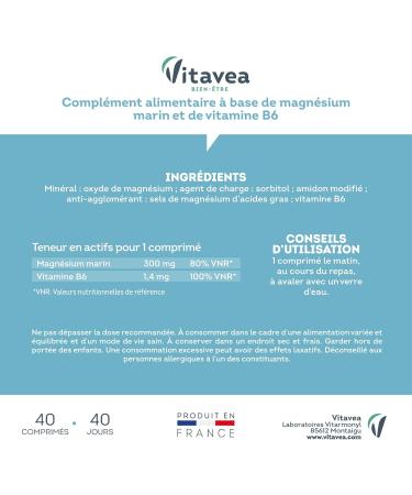 Vitavea - Marine Magnesium Vitamin B6 - Anti-Stress Relaxation and Nervous Balance - Magnesium B6 - Natural Magnesium - 40 Tablets - 40 Tablets - 40 Days - Made in France - Buy Online on GoSupps.com