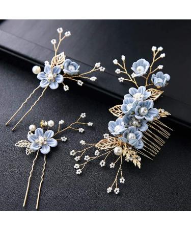 Gold Wedding Hair Combs Set - 4 Pearl & Rhinestone Bridal Accessories for Bride & Bridesmaids - Elegant Blue Hair Clips - Buy Online on GoSupps.com