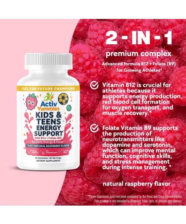 ActivYummies Kids & Teens Energy Support with Vitamin B12 + Folate (B9) - Supports Energy Production Brain Function & Metabolism - Gluten Free - Raspberry Flavor - Soft Chew 60 Gummies (60 Servings) - Buy Online on GoSupps.com