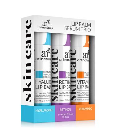 artnaturals Natural Lip Balm Serum Trio - Hyaluronic, Retinol, Vitamin C - (3 x .15 Oz / 4.25g) - Chapstick for Dry, Chapped & Cracked lips - Lip Repair