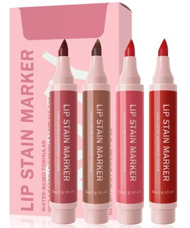 Lip Stain Marker Pen Set-4 Colors Hydrating Lip Stain Liquid Lip Liner Pencil Kit Matte Color Look Longlasting Waterproof Smudgeproof Natural Finish Precise Chisel Tip Smooth Makeup Gift for Women 4Pcs#
