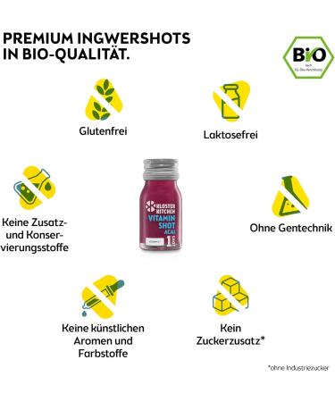 Kloster Kitchen Bio Vitamin Shot Baie d'A a 1SHOT 7x 30 ml avec des morceaux de gingembre I Shot de gingembre v g talien en bouteille en verre emporter I sans additifs et avec une douceur naturelle - Buy Online on GoSupps.com