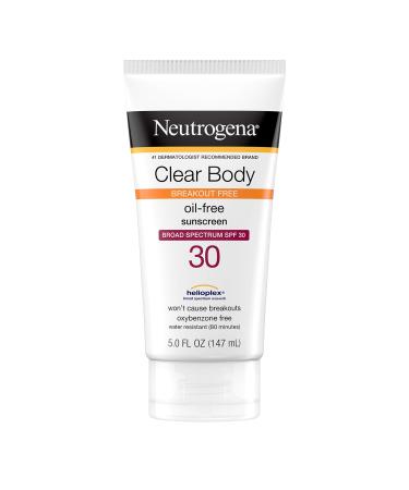 Neutrogena Clear Body Breakout-Free Liquid Sunscreen Lotion for AcneProne Skin  Oil Free Sunscreen  Broad Spectrum SPF 30  Oxybenzone Free  Fragrance Free  Non Comedogenic  Unscented  5 Fl Oz - Buy Online on GoSupps.com