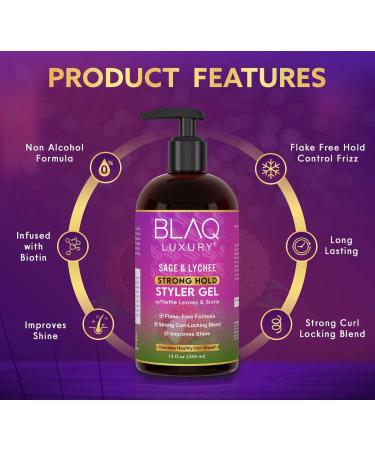 Blaq Luxury Sage & Lychee Strong Hold Styler Gel - Non-Alcoholic Non-Flaky Biotin Infused for Hair Repair & Growth - 12oz International Shipping Available - Buy Online on GoSupps.com