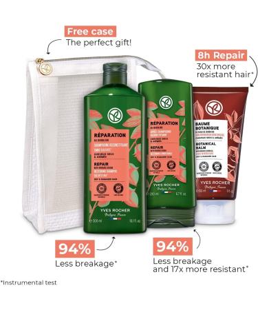 Yves Rocher Repair & Restoring Hair Care Gift Set | For Dry & Damaged Hair with Organic Jojoba Oil | 4-piece Routine Set including Restoring Shampoo (300 ml) Restoring Conditioner (200 ml) Botanical Balm Leave-in Repair Care (150 ml) & a Free Pouch | Made - Buy Online on GoSupps.com