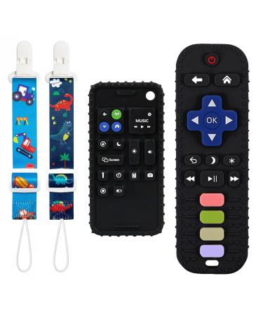 Kpblis Baby Teether Toys  2 Pcs Remote Control Shape Teething Toys and Phone Shaped Teether for Baby  Silicone Teethers for Babies 6-12 Months  Early Educational Sensory Toy - Black Black Black & Black Phone Shape & Remo...