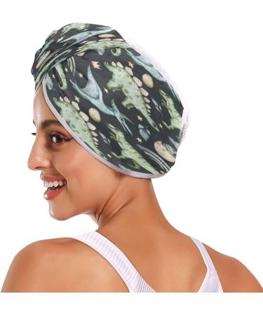 Watercolour Dinosaur Dry Hair Cap & Quick Drying Towel Set - Super Absorbent Soft Comfort 2 Pieces with Button Headband - Buy Online on GoSupps.com