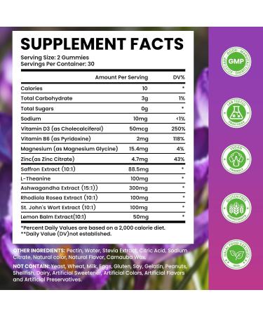 2 Pack Saffron Supplement Gummies 10-in-1 Cortisol Supplement with Saffron 88.5mg Magnesium Rhodiola Rosea Ashwagandha L-Theanine St. John's Wort for Zzz Calm Focus Relaxation 120 Count - Buy Online on GoSupps.com