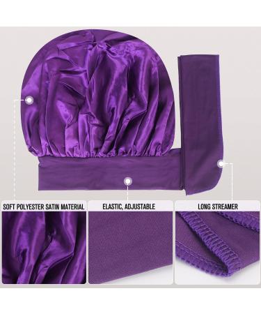 Arqumi Silk Bonnet 2PCS for Sleeping - Adjustable Satin Sleep Cap for Long Curly Hair - Black & Purple - Buy Online on GoSupps.com
