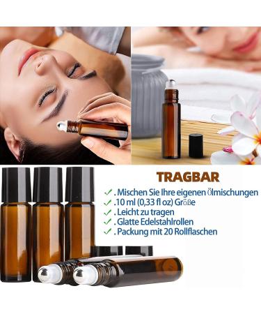 Shengo 10ml Roll-On Glass Bottles Set | 20 Essential Oil Bottles with Funnel Syringe & Sticker - Perfect for DIY | International Shipping - Buy Online on GoSupps.com