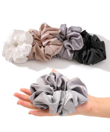 4PCS Large Satin Silk Scrunchies for Women - Big Glossy Scrunchie for Thick Hair Girl Hair Ties Ponytail Holders Jumbo Scrunchies (Black White Silver Champagne) Large(4PCS) Black White Silver Champagne