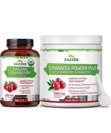 Zazzee Urinary Tract Cleanse Bundle | Fast Acting Probiotic Cranberry D Mannose Powder Plus 25:1 USDA Organic Cranberry Extract Capsules for Women | Non-GMO Vegan & ISO Lab Tested
