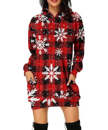 Women's Christmas Print Long-Sleeved Hoodie Dress - Oversized Red Sweatshirt with Pocket - Buy Online on GoSupps.com