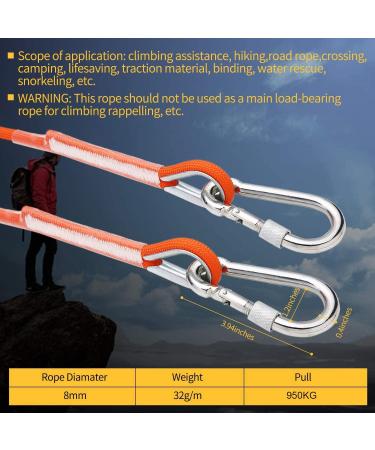 Enjohos 8mm Climbing Rope - Heavy-Duty Safety Rope with Screw Carabiner | 10m for Hiking Mountaineering Camping & Tree Climbing - 950kg Load Capacity (Orange) - Buy Online on GoSupps.com