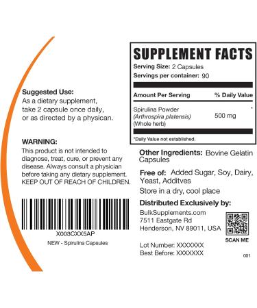 Bulksupplements Spirulina Capsules - Blue Green Algae Superfood Supplement - 180 Capsules - Buy Online on GoSupps.com