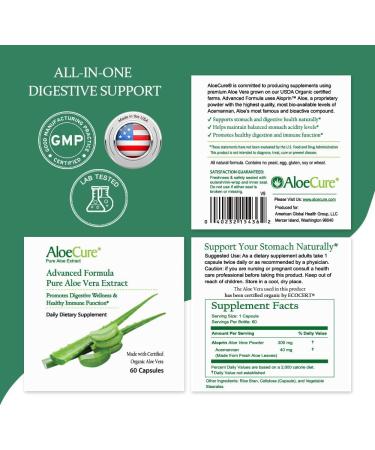 AloeCure Organic Aloe Vera Capsules 130 000mg Inner Aloe Leaf Equivelant per Serving Support Gut Health & Digestive Comfort Stomach Acid Buffer Natural Immune Supplement Aloin Free 60 Capsules - Buy Online on GoSupps.com