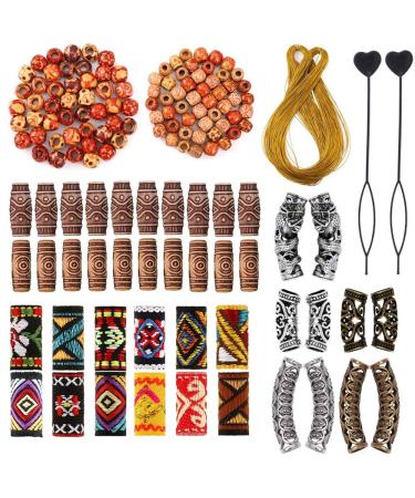 105 Pieces Hair Accessories for Braids  Wood Beads for Braiding Hair  Classic Retro Style Metal Cuffs Tubes  Handmade Fabric Dreadlock Beads Hair Jewelry for Women Braids