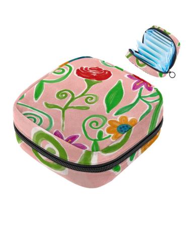 Menstruation pad bag with zipper women's napkin bag tampons collective bags for women and girls (colorful color flower art pink) Color 6