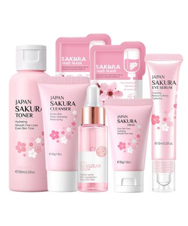 Skin Care For Teenage Girls - Skincare Gift Set Women - Sakura Skin Care Sets & Kits - Face Care Sets Includes Cleanser Face Serum Face Cream Toner Eye Cream 2Pcs Mud Mask - Gifts for Her (Set B)