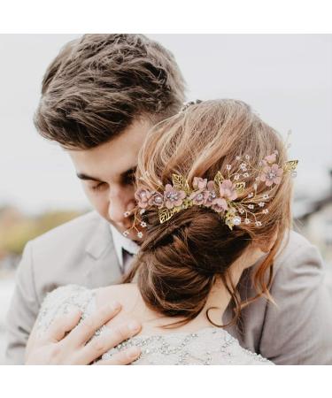 NUOBESTY 4pcs Handmade Floral Wedding Hair Comb Set - Pink Rhinestone Bridal Headpiece & Hair Accessories - Buy Online on GoSupps.com