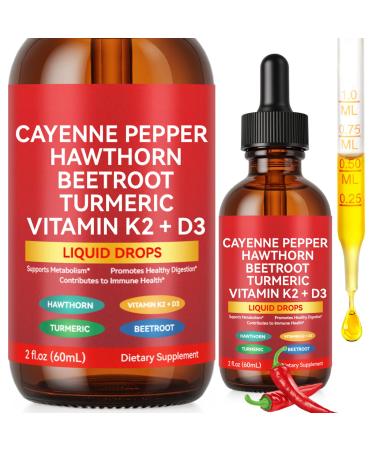 Cayenne Pepper Drops 60ml Cayenne Pepper Supplement for Digestion Circulatory Heath Support Boosts Metabolism with Hawthorn Vitamin K2 D3 Beet Root Turmeric-2 Fl Oz