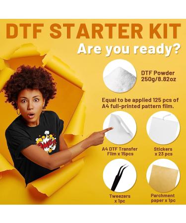 KASYU DTF Transfer Powder Film Kit - All-in-1 DTF Starter Kit for Sublimation Printer - 8.8oz White Hot Melt Adhesive & 15 Iron-on Transfer Paper - Fabric DTF Starter Kit - Buy Online on GoSupps.com