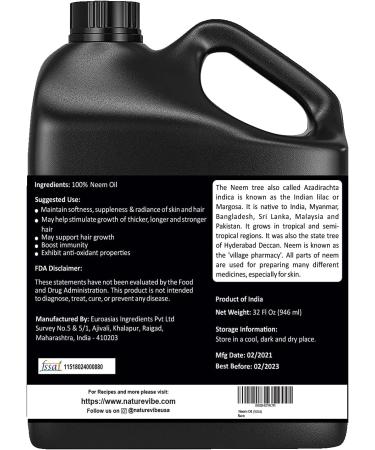 Naturevibe Botanicals Neem Oil 32oz | 100% Pure Azadirachta Indica Oil | Natural Neem Oil - Buy Online on GoSupps.com