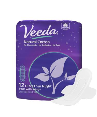 Veeda Ultra Thin Absorbent Overnight Pads are Always Chlorine and Fragrance Free Hypoallergenic Natural Cotton Sanitary Napkins 12 Count 12 Count (Pack of 1)