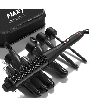 MAX-T 5 in 1 Curling Iron Set Dual Voltage Curling Wand with Travel Bag 3 Barrel Interchangeable Hair Crimper Iron with Thermal Brush (0.35"-1.25") for All Hair Types Black