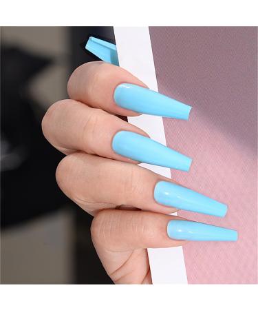 Pure Color Blue Glossy Fake Nail Coffin Long Press on Nails Tips Nail Art Decoration for Women and Girls Manicure 24pc