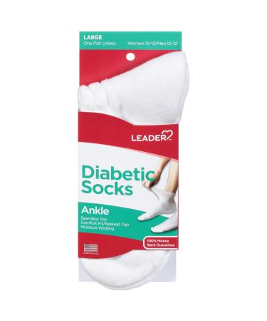 Leader Diabetic Sock Ankle White Large 1 Pair White Large White Large