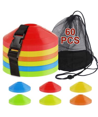 60PCS Soccer Cones with Strap Carry Bag Agility Disc Cones Soccer Training Cones, Field Marker Sport Training Cones for Challenge Football Basketball Skating Kids Games Outdoor Indoor colorful