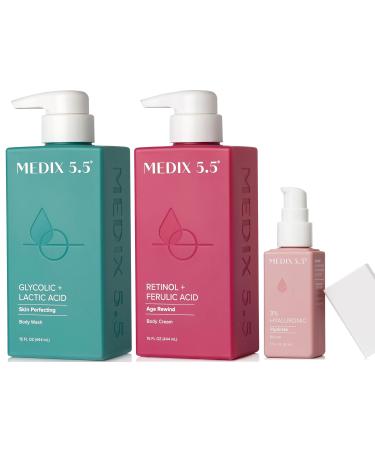 Medix 5.5 Anti Aging Skin Care 3PC Set | Retinol Body Cream + Exfoliating AHA Glycolic Acid Foaming Face Wash & Body Wash + Hyaluronic Acid Serum Booster Cleanse + Treat + Hydrate Skincare Set 3PC Anti Wrinkle Hydration 1