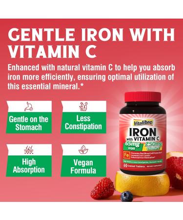 Iron Supplement 65mg Carbonyl Iron with 250mg Vitamin C + Vitalibre Women's Probiotics 100 Billion CFU 15 Strains w/Prebiotic Cranberry Vitamin B6 & VC - Buy Online on GoSupps.com