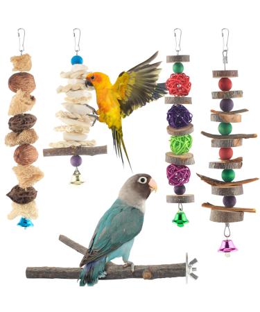 Bissap Bird Chew Toys, 5 Packs Parakeet Natural Wood Toys Parrot Hanging Cage Toy Bird Perch Stand for Small Bird Conure Cockatiel Parrotlet Lovebird Budgie