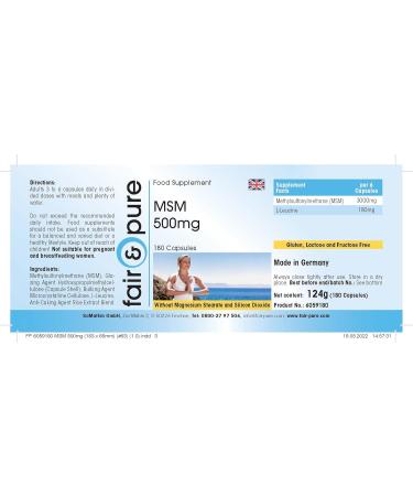 Fair & Pure MSM 500mg Capsules - Vegan Methylsulfonylmethane - 180 Count - No Magnesium Stearate - International Shipping Available - Buy Online on GoSupps.com