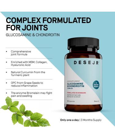 DESEJR Glucosamine & Chondroitin Complex | 90 Capsules (3 Months Supply) | 200mg Glucosamine Sulphate | 50mg Chondroitin Sulphate | with Turmeric & Collagen | Lab Tested GMO-Free | One a Day - Buy Online on GoSupps.com