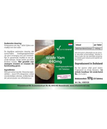 Wild Yam Extract 440mg - 120 Tablets - 20% Diosgenin - Vitamintrend - Yam Extract - High Dosed - Vegan | Vitamintrend  - Buy Online on GoSupps.com